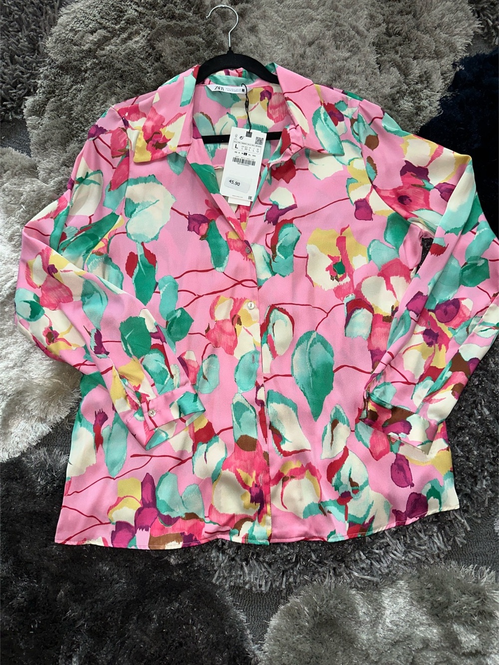 Zara Floral Satin Effect Blouse Floral Button Down Shirt in Pink & Green Size La
